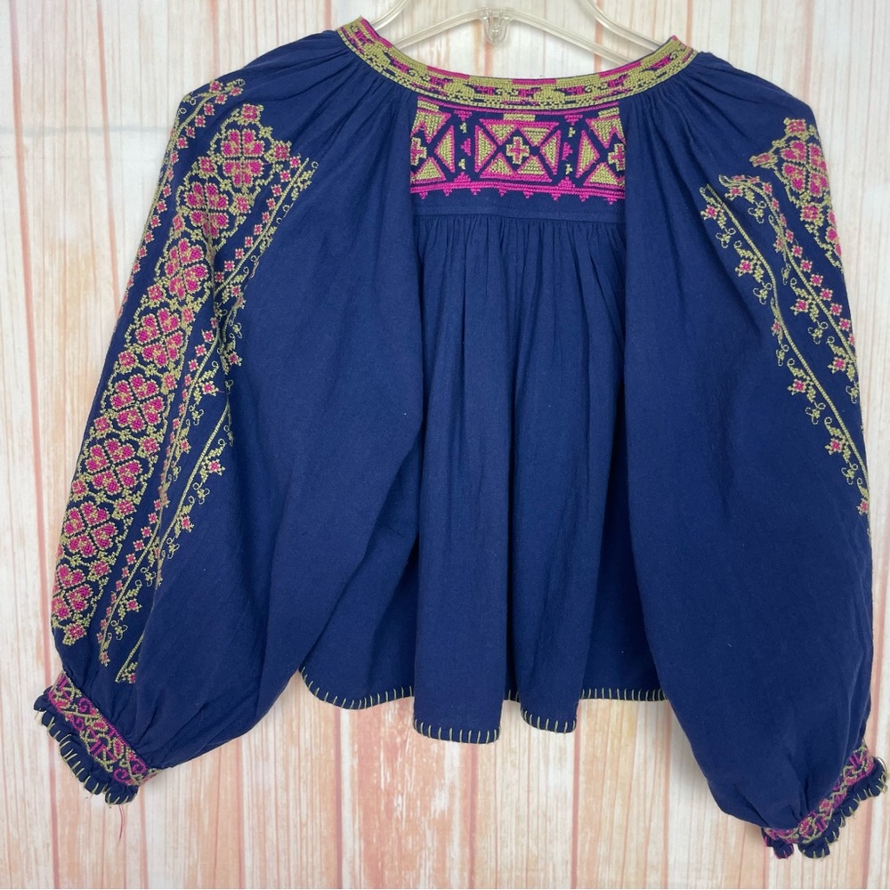 Free People Navy and Pink Embroidered Cropped Blouse (S/M) - Picture 7 of 11